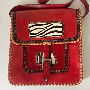 VTG Handmade Red Leather Crossbody Bag with Zebra Print on Cowhide Leather Boho